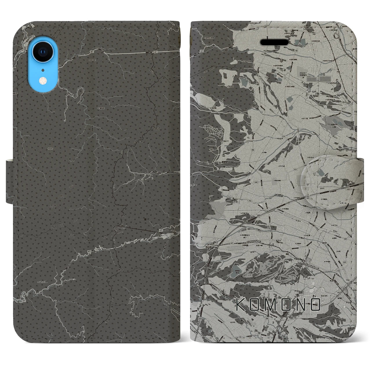 【菰野(三重県)】地図柄iPhoneケース(手帳タイプ)モノトーン・iPhone XR 用