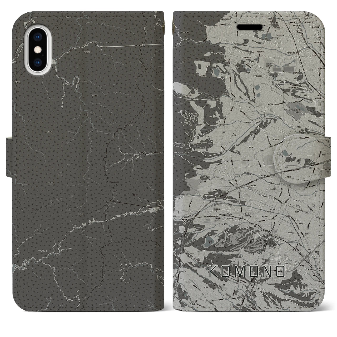 【菰野(三重県)】地図柄iPhoneケース(手帳タイプ)モノトーン・iPhone XS Max 用