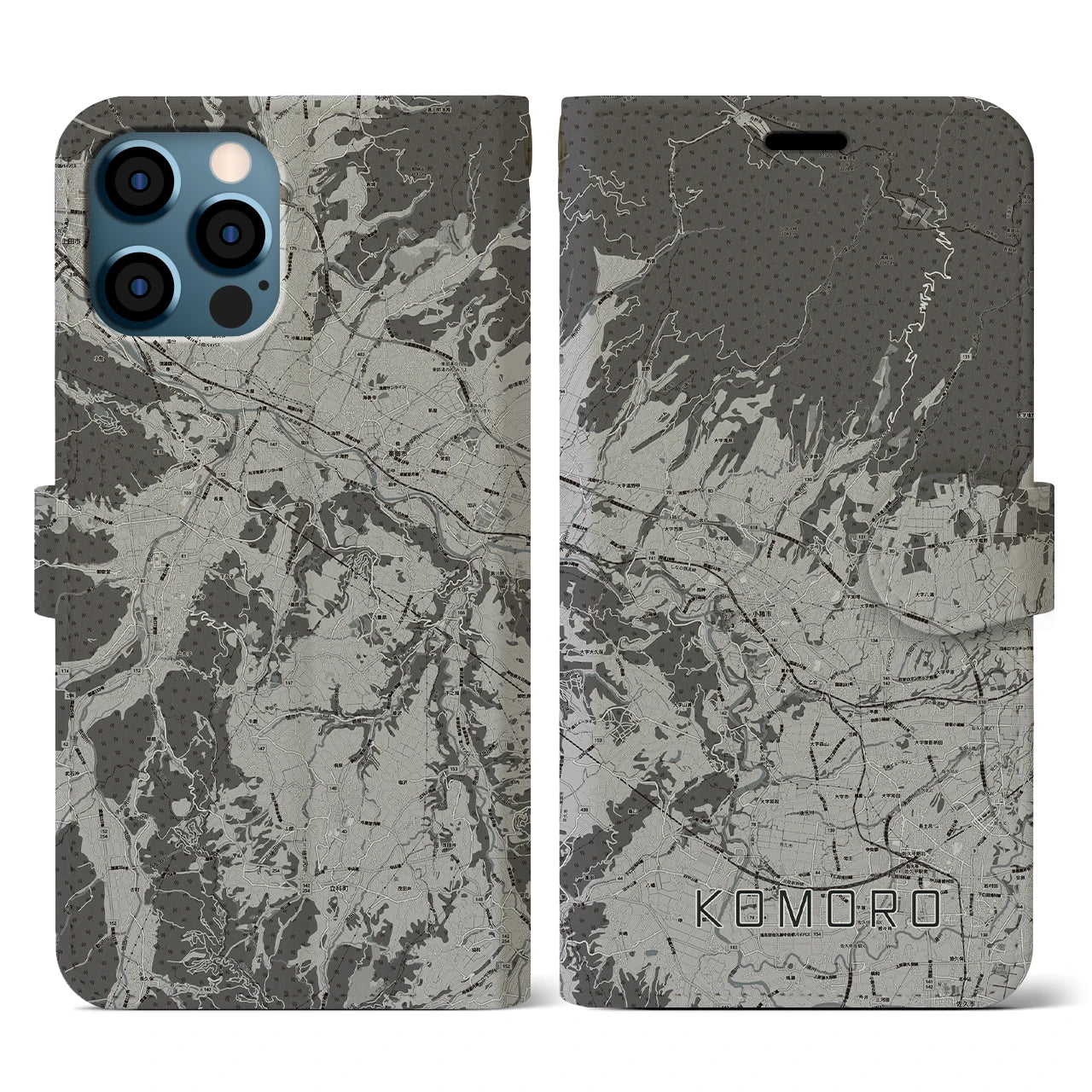 【小諸(長野県)】地図柄iPhoneケース(手帳タイプ)モノトーン・iPhone 12 / 12 Pro 用