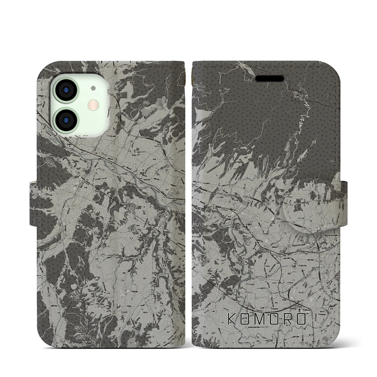 【小諸(長野県)】地図柄iPhoneケース(手帳タイプ)モノトーン・iPhone 12 mini 用