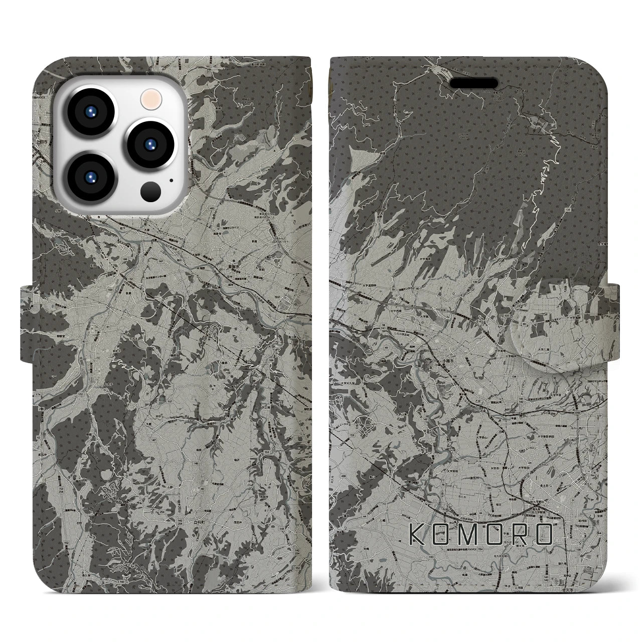 【小諸(長野県)】地図柄iPhoneケース(手帳タイプ)モノトーン・iPhone 13 Pro 用