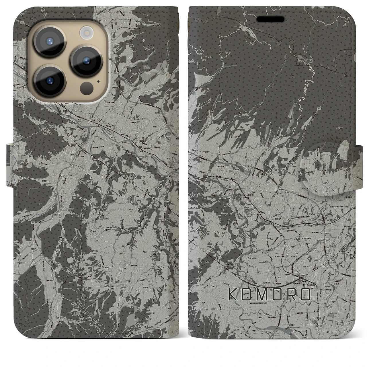 【小諸(長野県)】地図柄iPhoneケース(手帳タイプ)モノトーン・iPhone 14 Pro Max 用