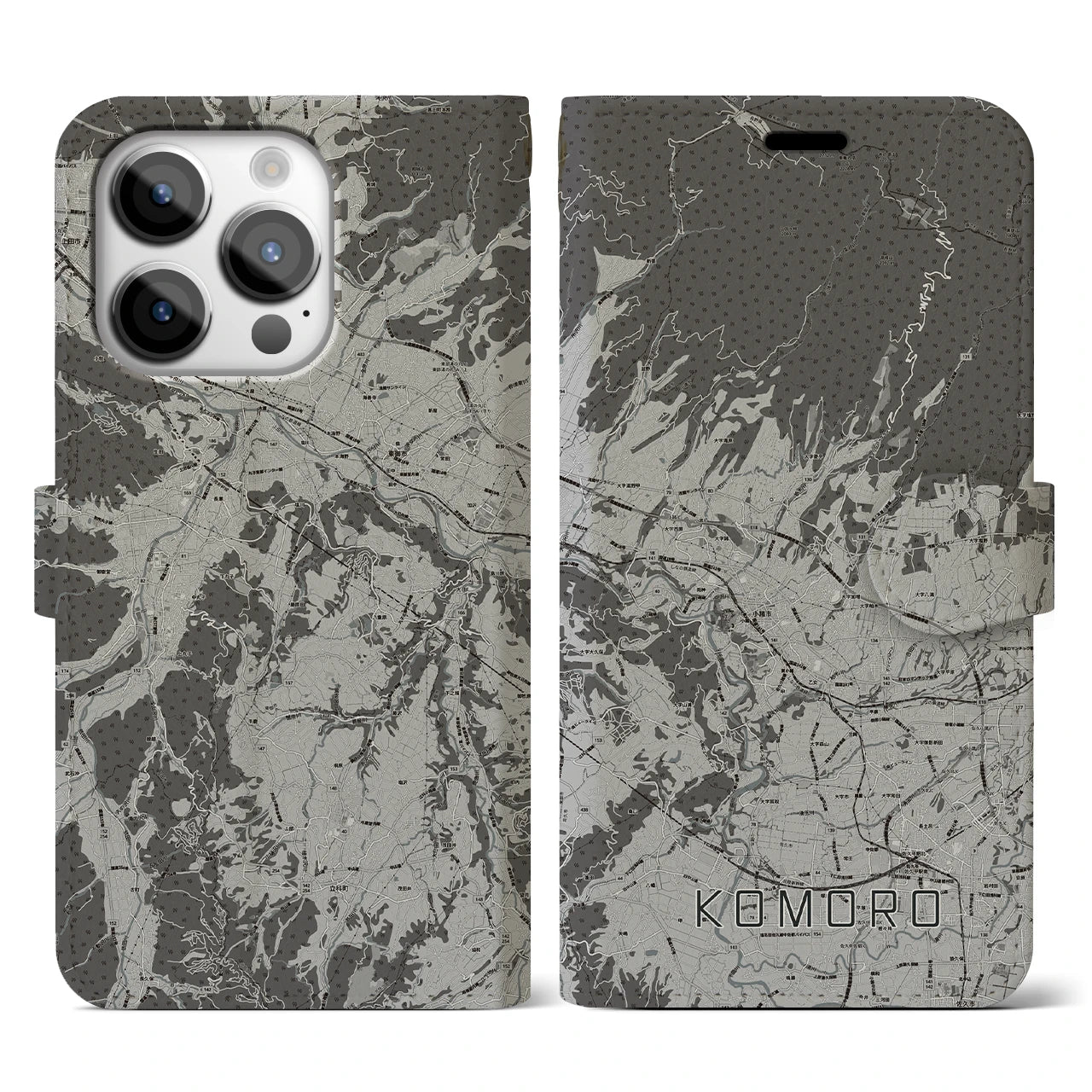 【小諸(長野県)】地図柄iPhoneケース(手帳タイプ)モノトーン・iPhone 14 Pro 用