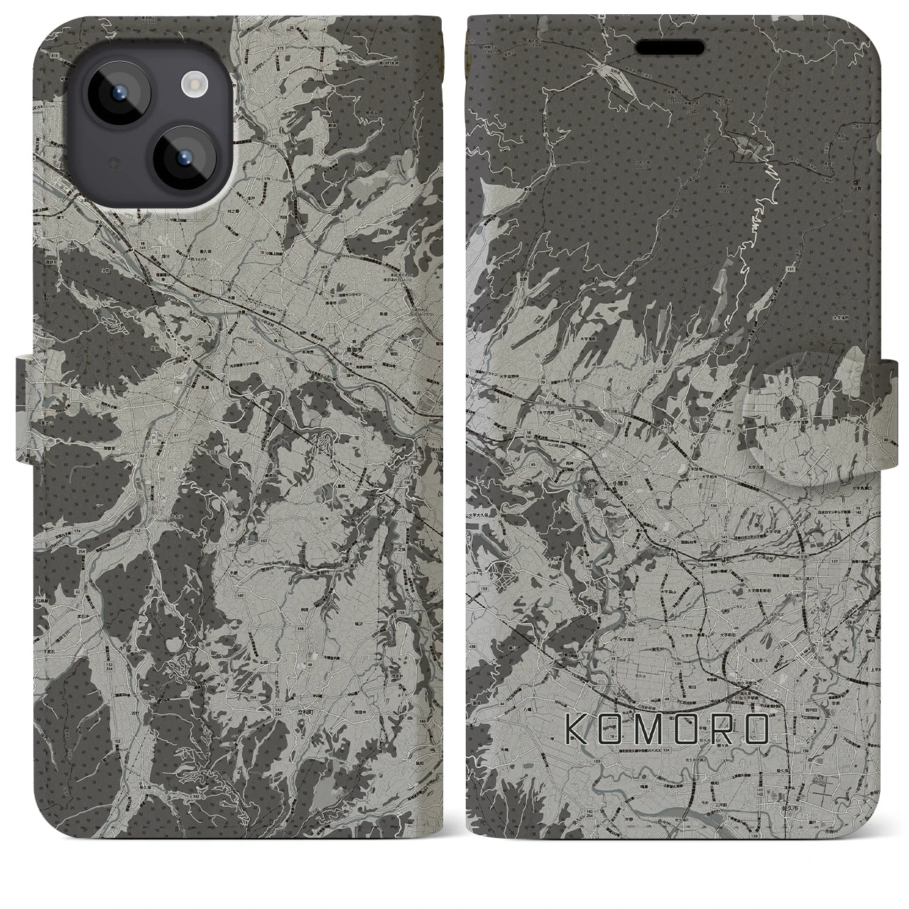 【小諸(長野県)】地図柄iPhoneケース(手帳タイプ)モノトーン・iPhone 14 Plus 用