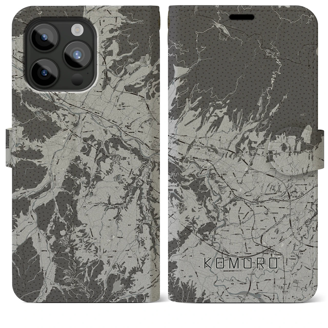【小諸(長野県)】地図柄iPhoneケース(手帳タイプ)モノトーン・iPhone 15 Pro Max 用