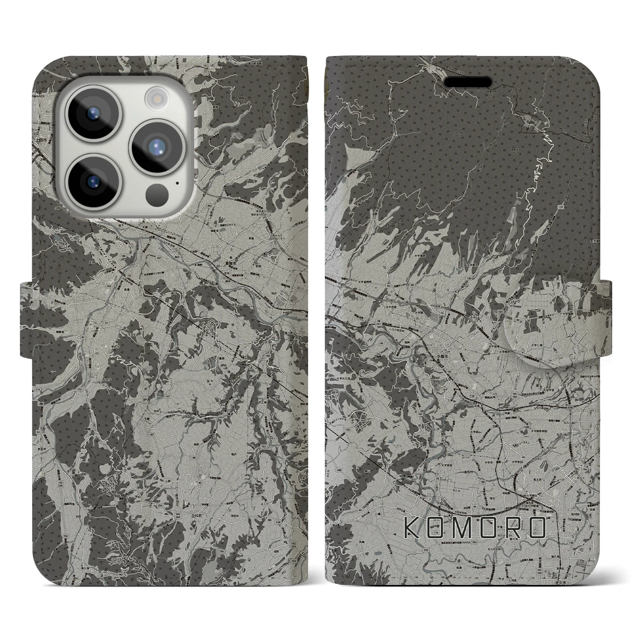 【小諸(長野県)】地図柄iPhoneケース(手帳タイプ)モノトーン・iPhone 15 Pro 用
