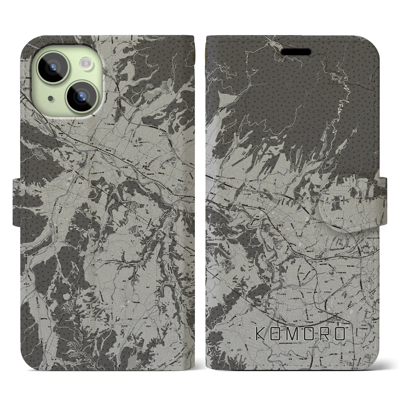 【小諸(長野県)】地図柄iPhoneケース(手帳タイプ)モノトーン・iPhone 15 用