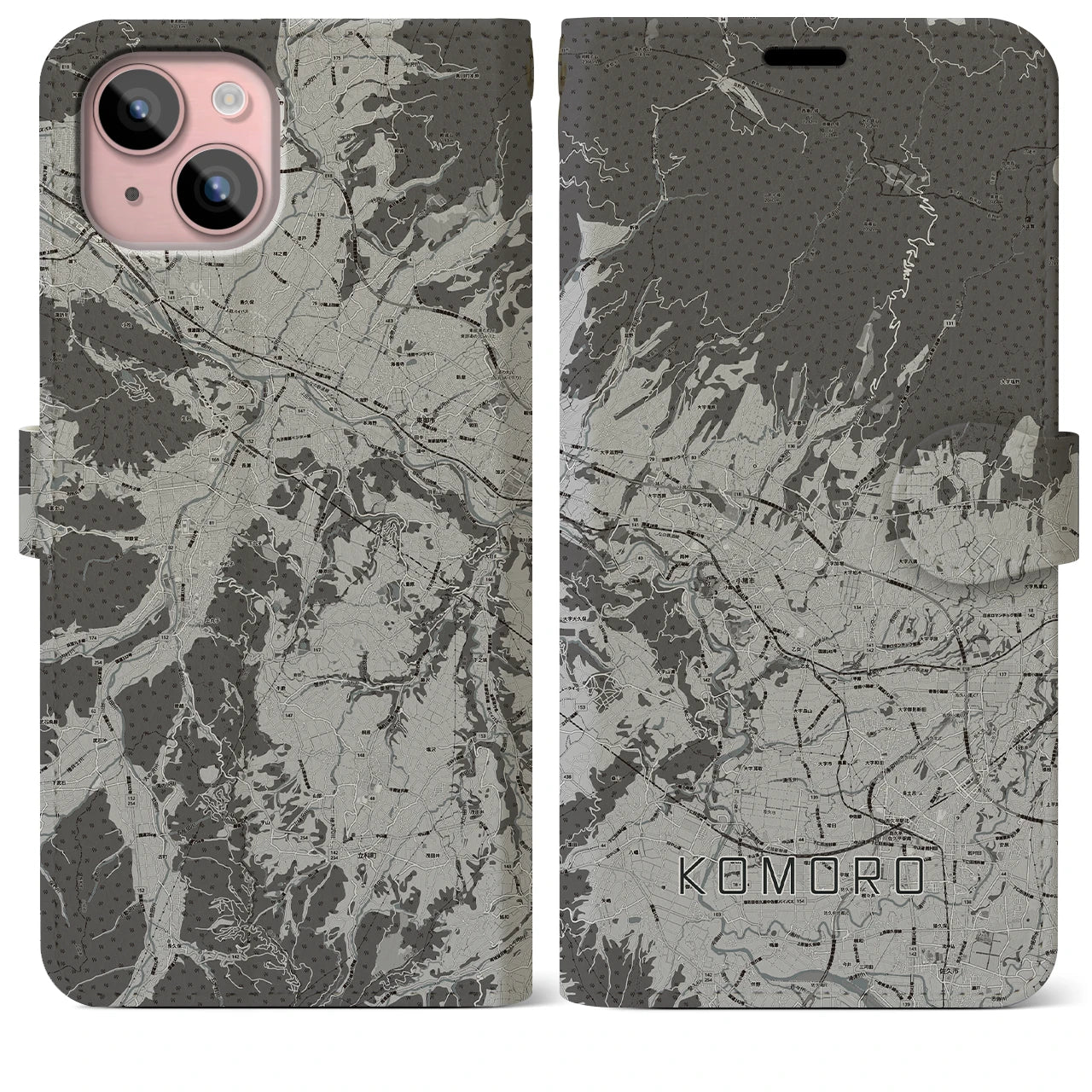 【小諸(長野県)】地図柄iPhoneケース(手帳タイプ)モノトーン・iPhone 15 Plus 用