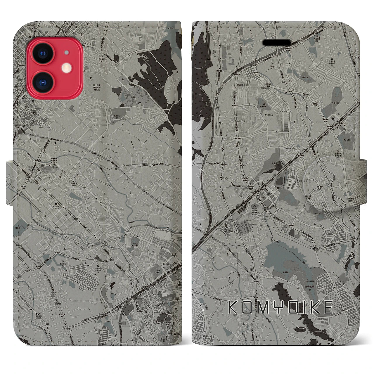 【光明池(大阪府)】地図柄iPhoneケース(手帳タイプ)モノトーン・iPhone 11 用