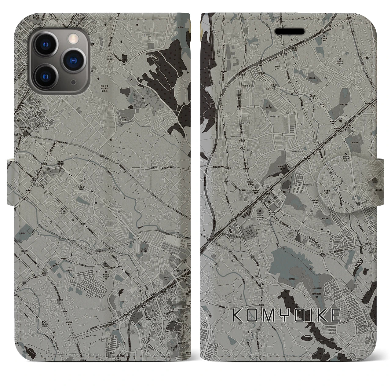 【光明池(大阪府)】地図柄iPhoneケース(手帳タイプ)モノトーン・iPhone 11 Pro Max 用