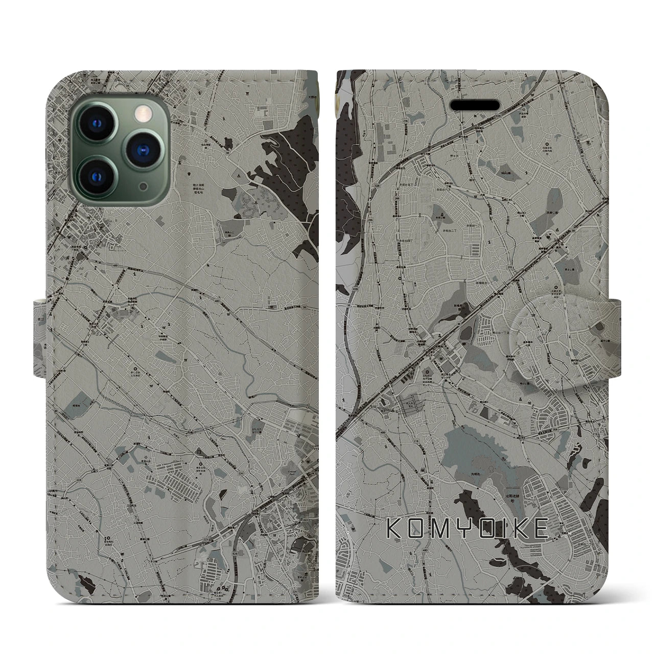 【光明池(大阪府)】地図柄iPhoneケース(手帳タイプ)モノトーン・iPhone 11 Pro 用