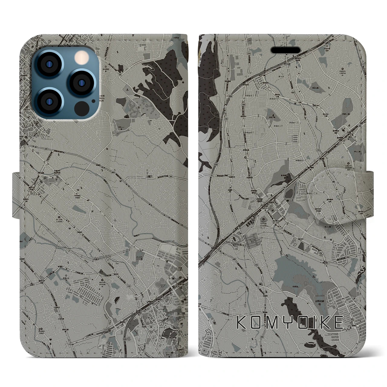 【光明池(大阪府)】地図柄iPhoneケース(手帳タイプ)モノトーン・iPhone 12 / 12 Pro 用