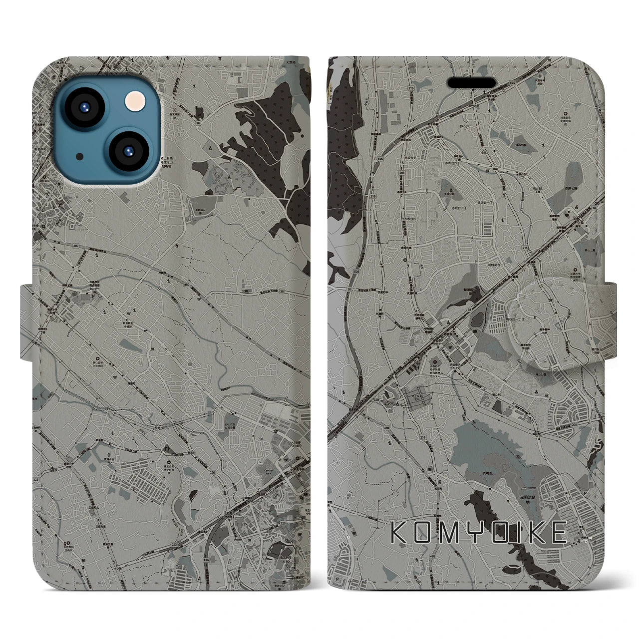 【光明池(大阪府)】地図柄iPhoneケース(手帳タイプ)モノトーン・iPhone 13 用