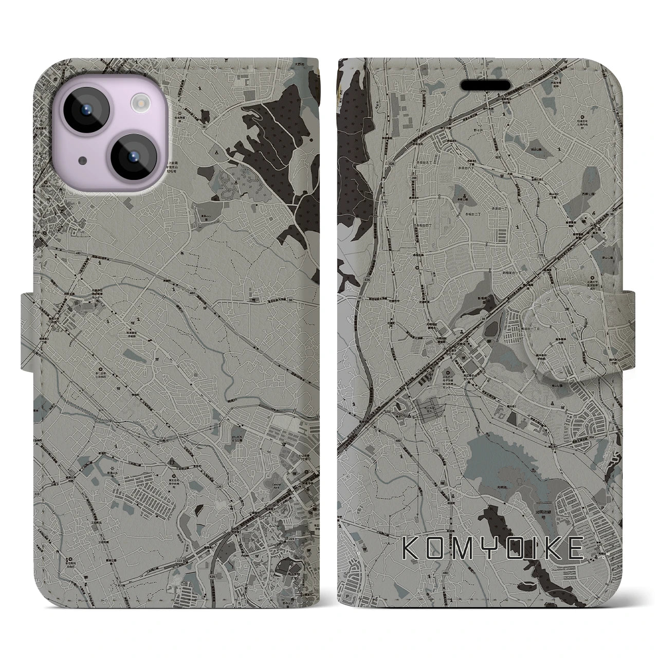 【光明池(大阪府)】地図柄iPhoneケース(手帳タイプ)モノトーン・iPhone 14 用