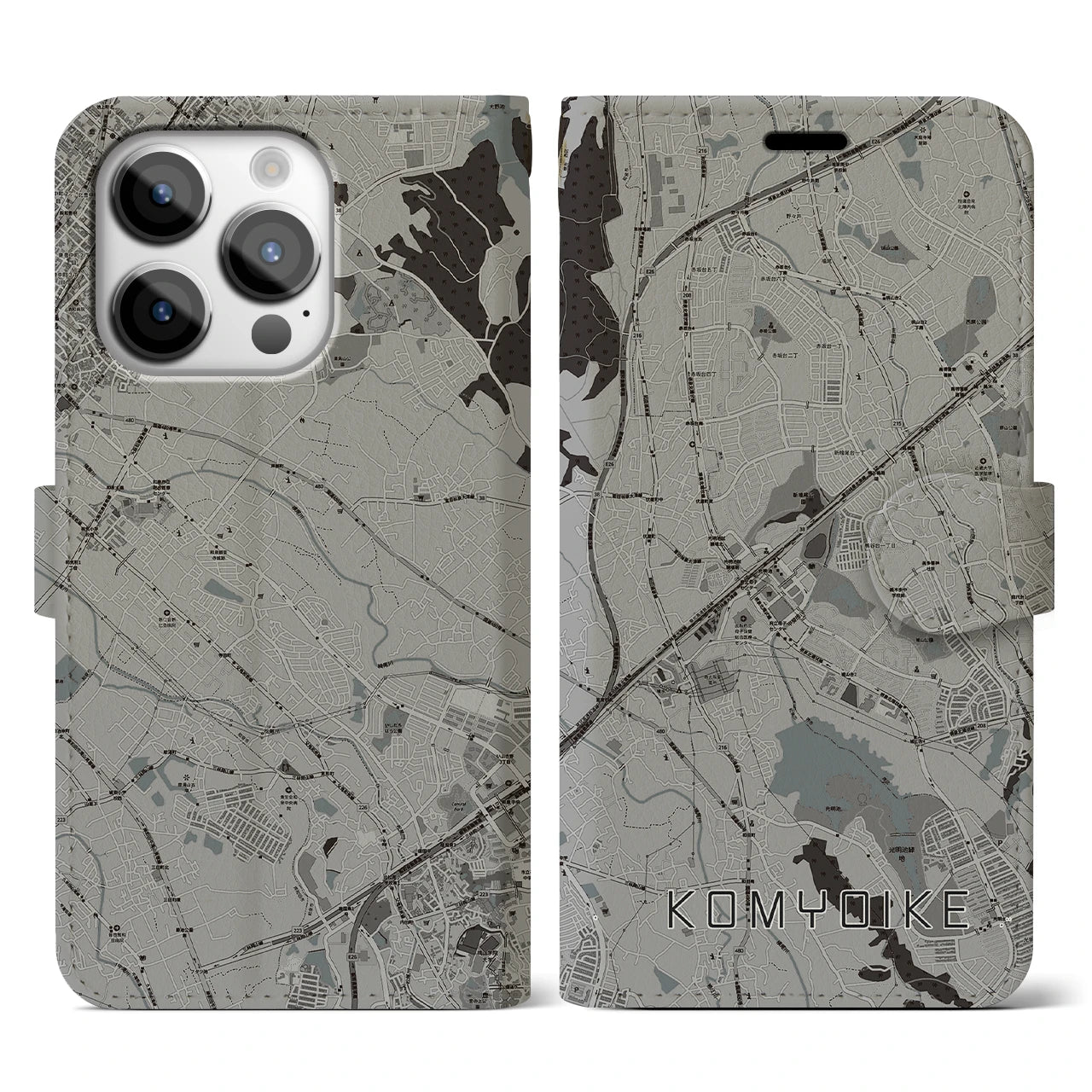【光明池(大阪府)】地図柄iPhoneケース(手帳タイプ)モノトーン・iPhone 14 Pro 用