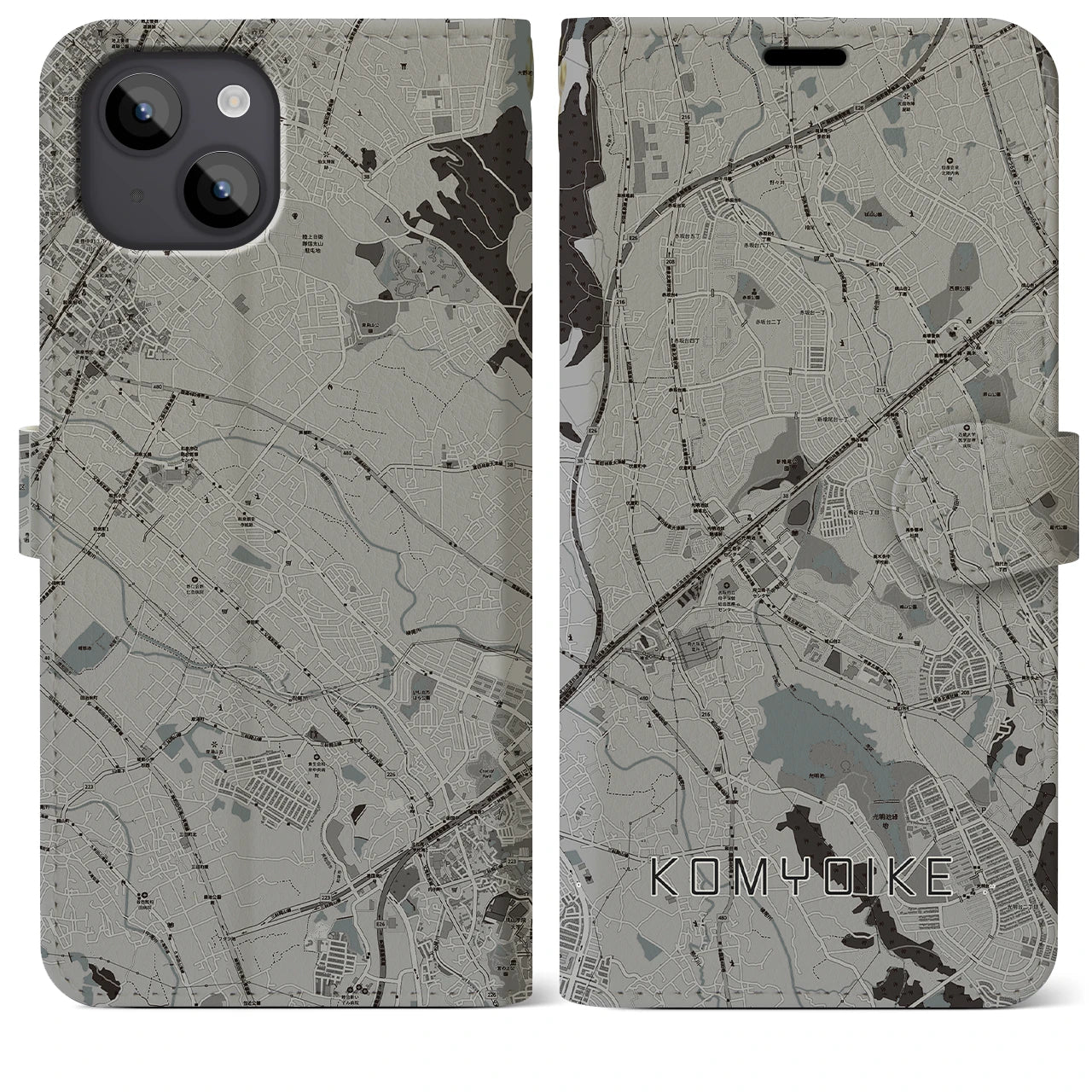 【光明池(大阪府)】地図柄iPhoneケース(手帳タイプ)モノトーン・iPhone 14 Plus 用
