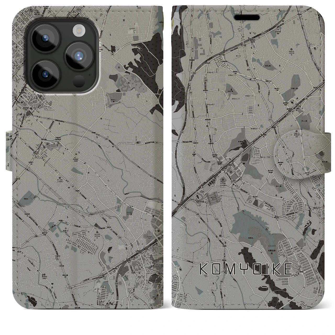 【光明池(大阪府)】地図柄iPhoneケース(手帳タイプ)モノトーン・iPhone 15 Pro Max 用