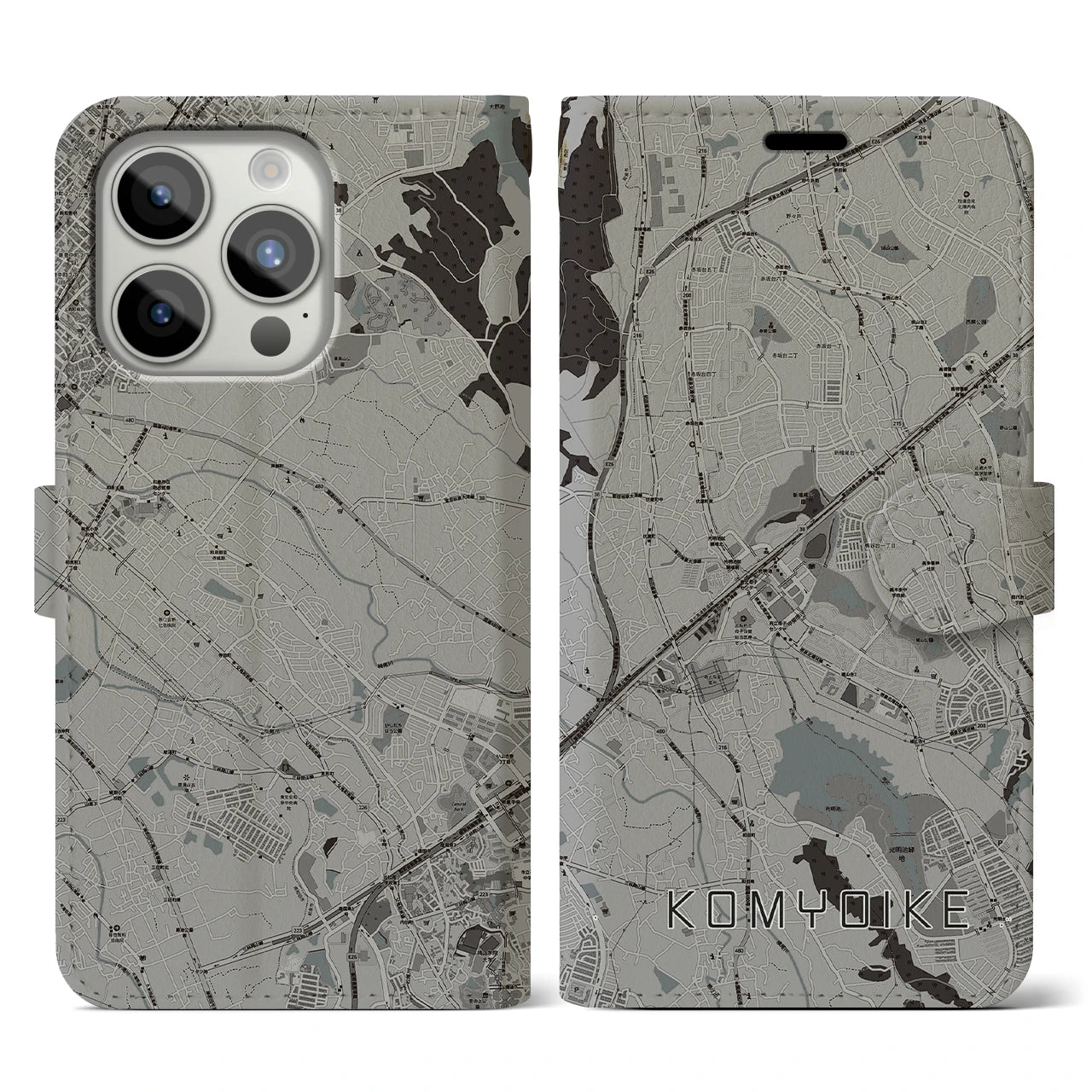 【光明池(大阪府)】地図柄iPhoneケース(手帳タイプ)モノトーン・iPhone 15 Pro 用