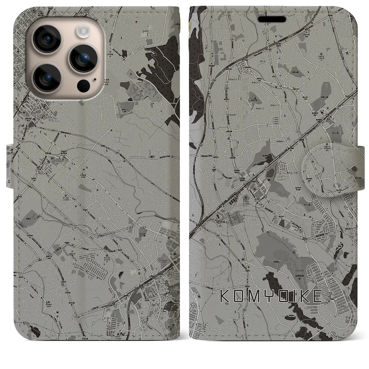【光明池(大阪府)】地図柄iPhoneケース(手帳タイプ)モノトーン・iPhone 16 Plus 用