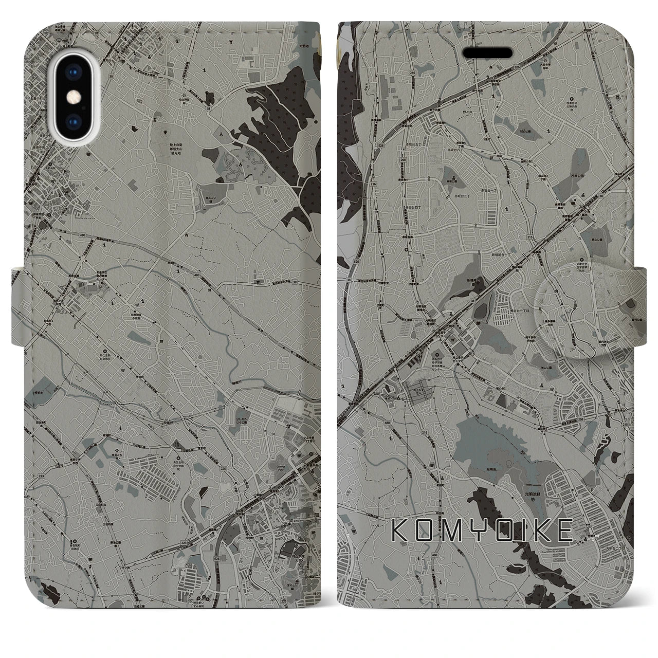 【光明池(大阪府)】地図柄iPhoneケース(手帳タイプ)モノトーン・iPhone XS Max 用
