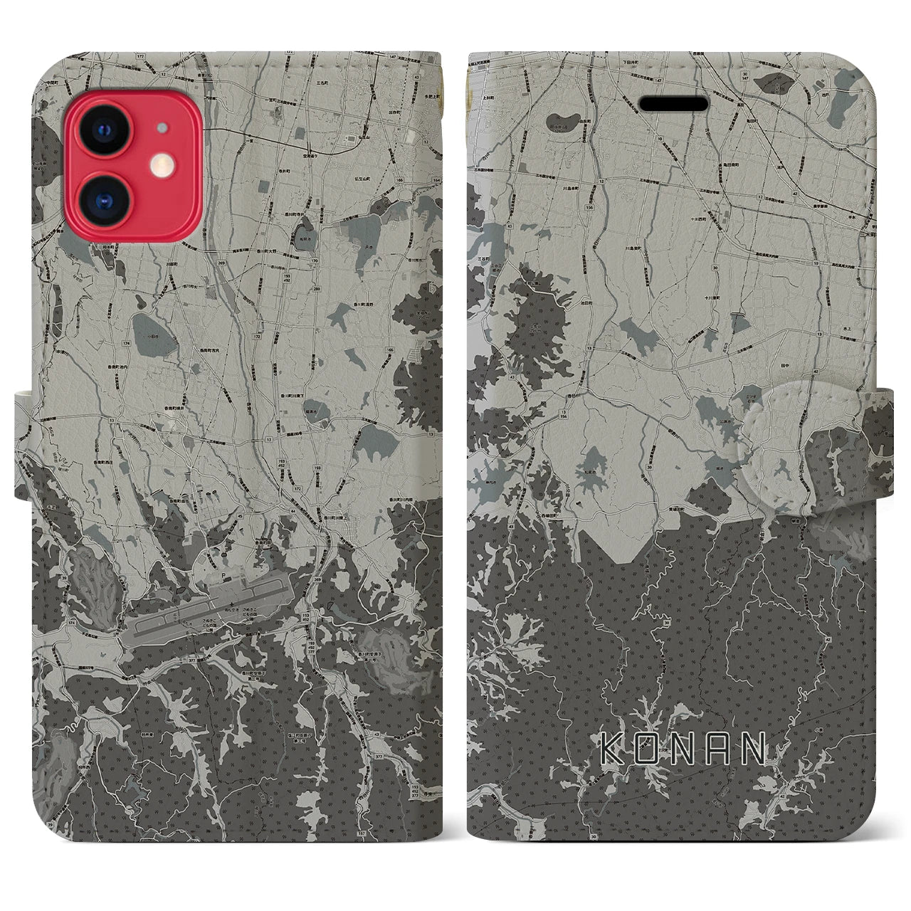 【香南(香川県)】地図柄iPhoneケース(手帳タイプ)モノトーン・iPhone 11 用
