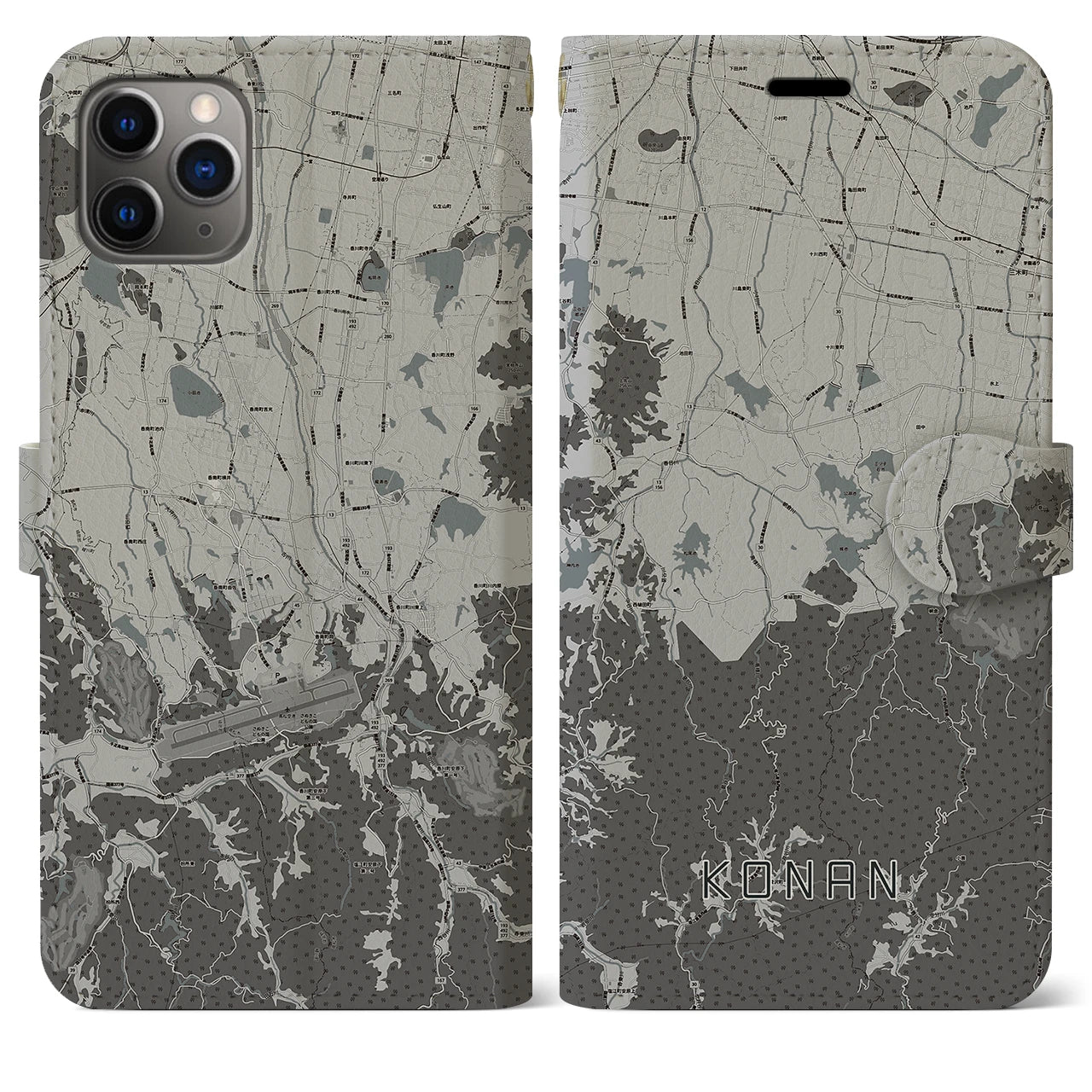 【香南(香川県)】地図柄iPhoneケース(手帳タイプ)モノトーン・iPhone 11 Pro Max 用