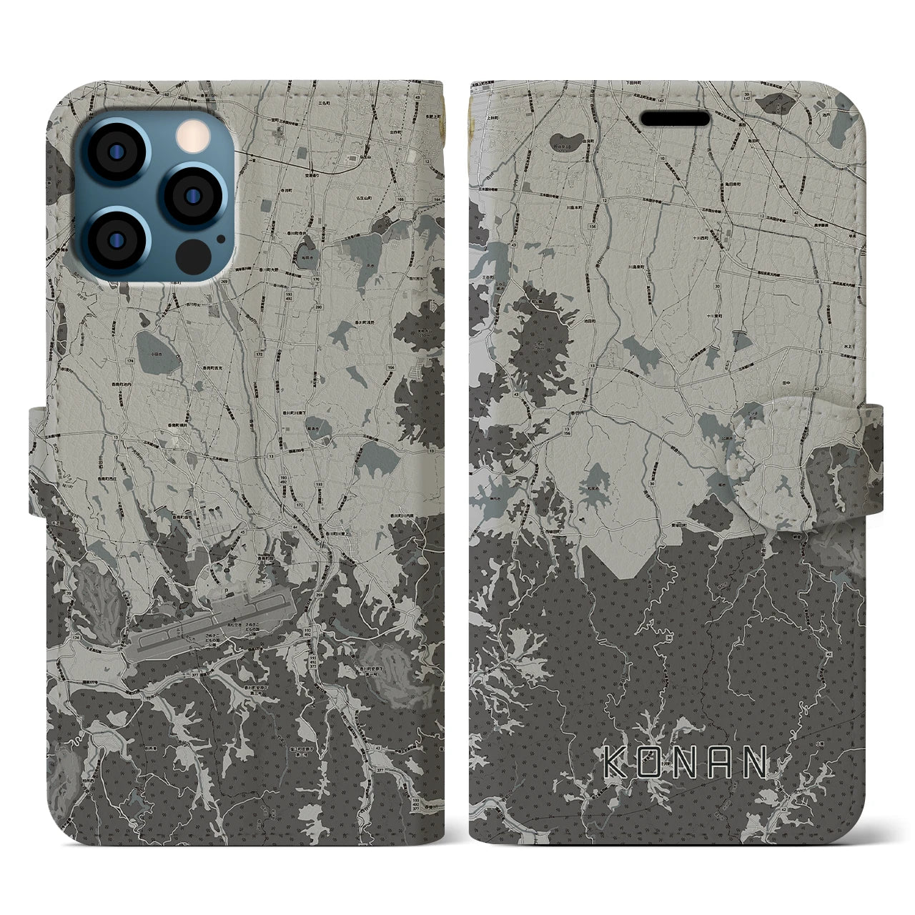 【香南(香川県)】地図柄iPhoneケース(手帳タイプ)モノトーン・iPhone 12 / 12 Pro 用