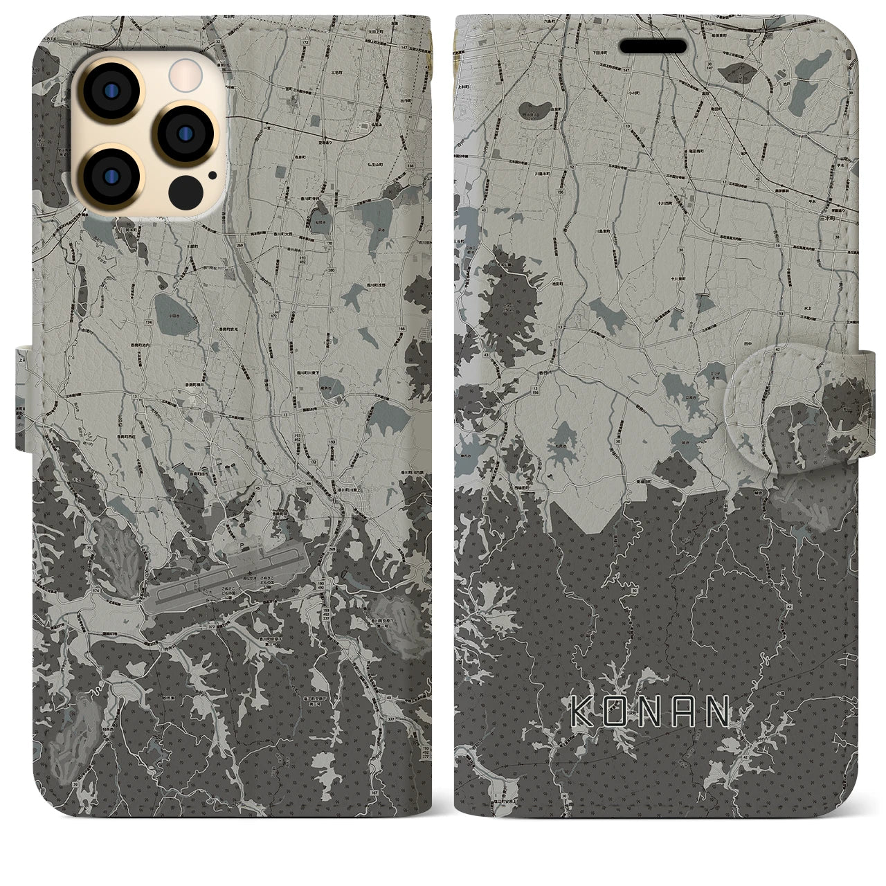【香南(香川県)】地図柄iPhoneケース(手帳タイプ)モノトーン・iPhone 12 Pro Max 用