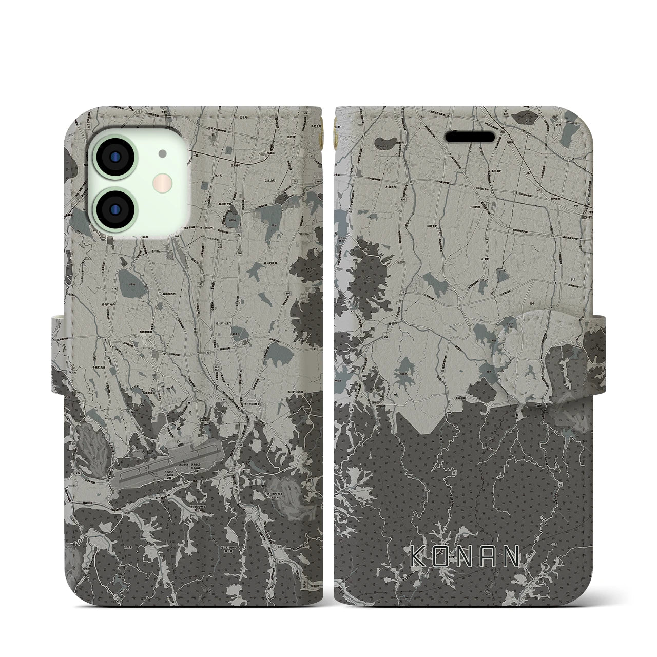 【香南(香川県)】地図柄iPhoneケース(手帳タイプ)モノトーン・iPhone 12 mini 用