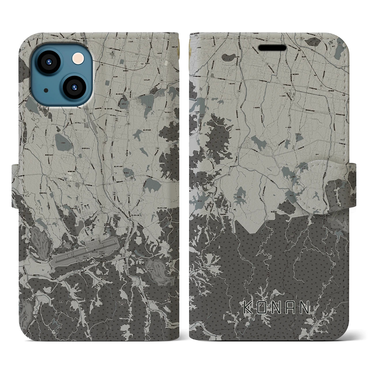 【香南(香川県)】地図柄iPhoneケース(手帳タイプ)モノトーン・iPhone 13 用
