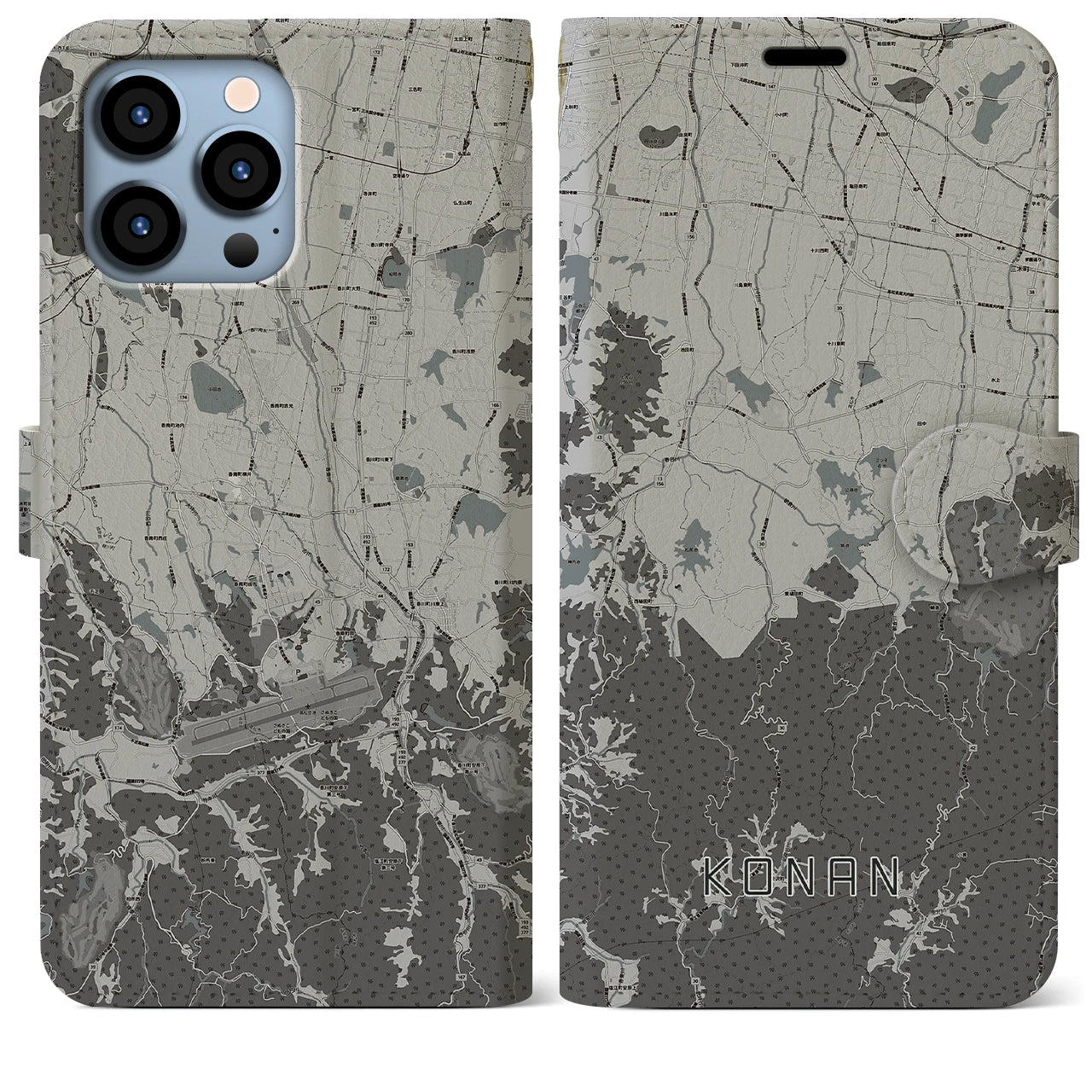 【香南(香川県)】地図柄iPhoneケース(手帳タイプ)モノトーン・iPhone 13 Pro Max 用