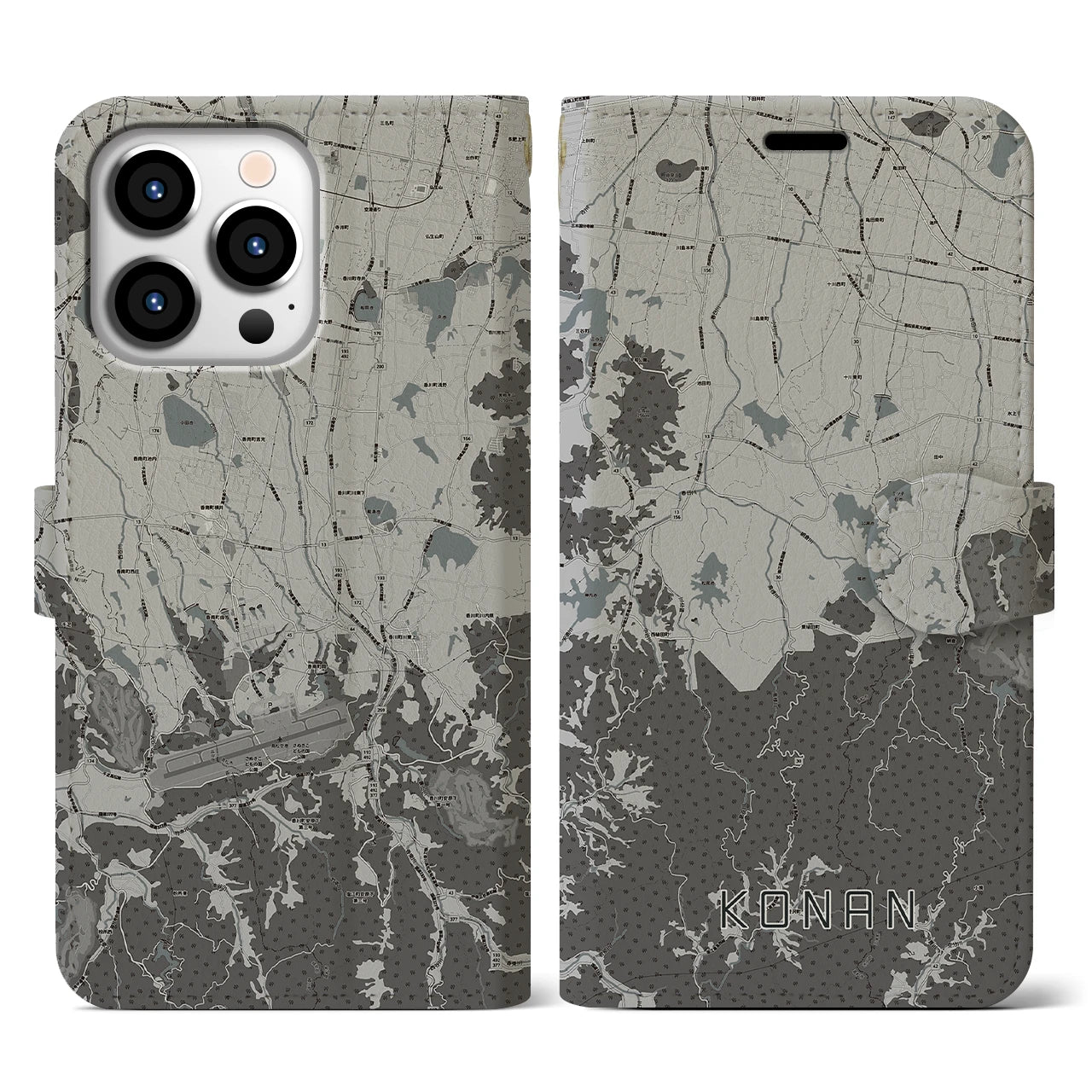 【香南(香川県)】地図柄iPhoneケース(手帳タイプ)モノトーン・iPhone 13 Pro 用