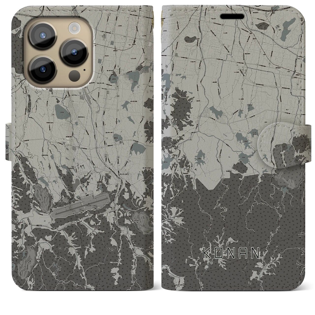 【香南(香川県)】地図柄iPhoneケース(手帳タイプ)モノトーン・iPhone 14 Pro Max 用