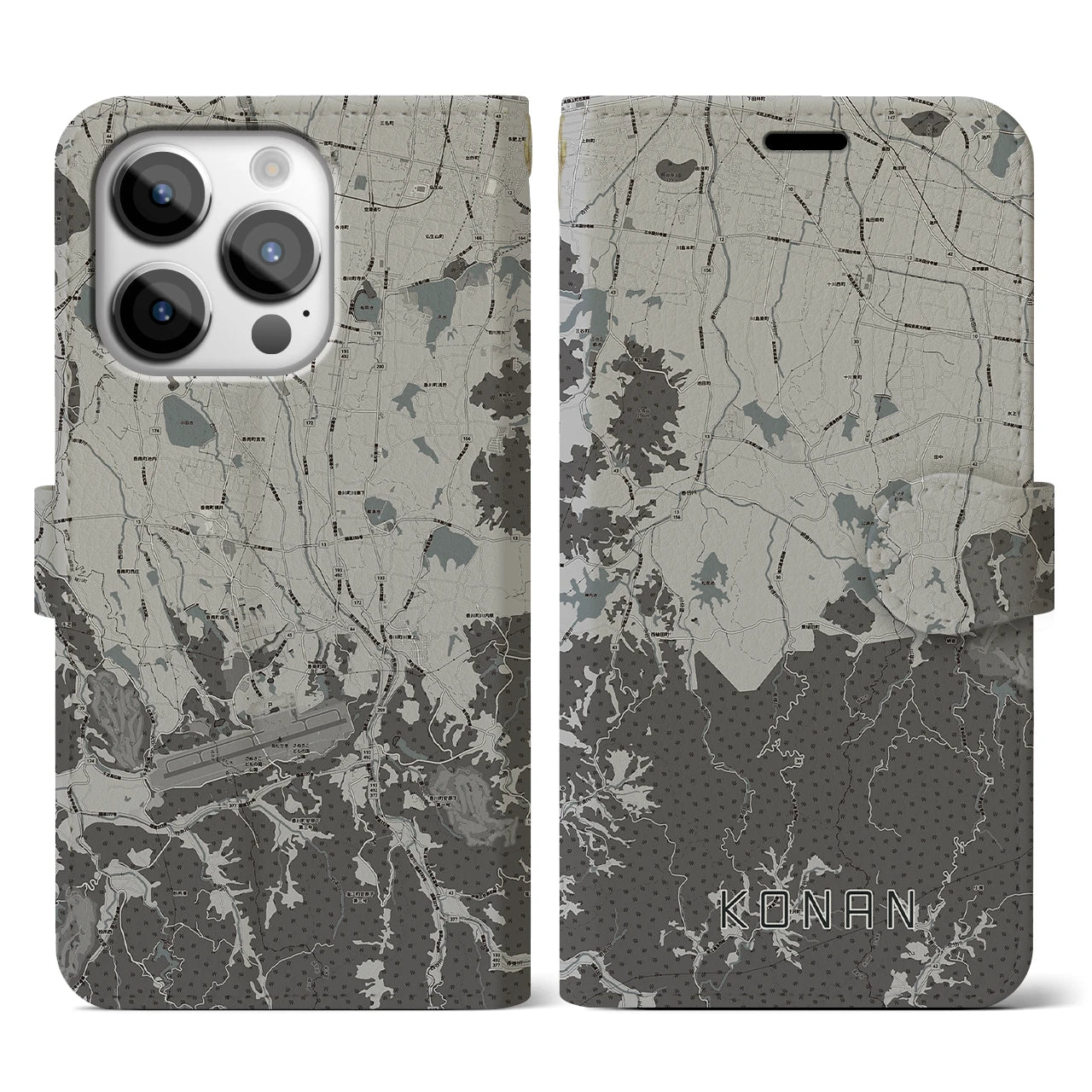 【香南(香川県)】地図柄iPhoneケース(手帳タイプ)モノトーン・iPhone 14 Pro 用