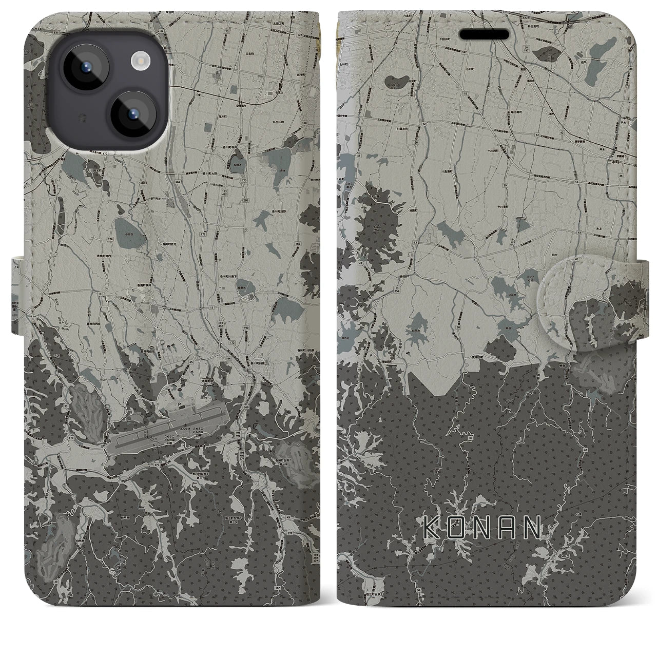 【香南(香川県)】地図柄iPhoneケース(手帳タイプ)モノトーン・iPhone 14 Plus 用