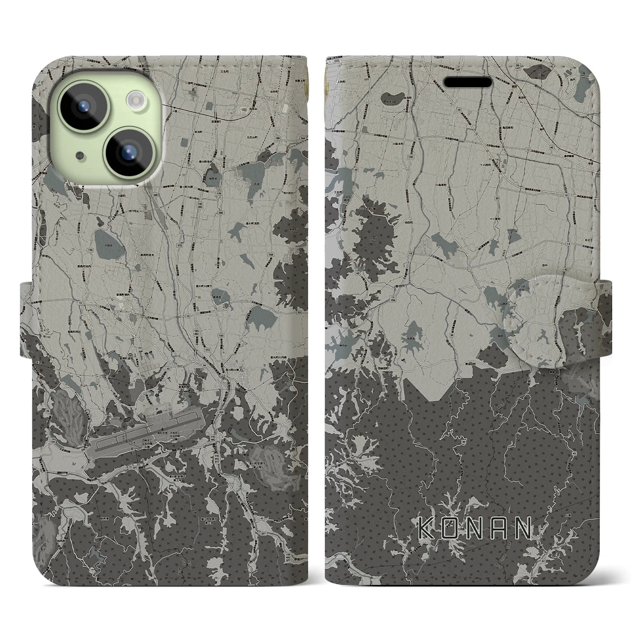 【香南(香川県)】地図柄iPhoneケース(手帳タイプ)モノトーン・iPhone 15 用