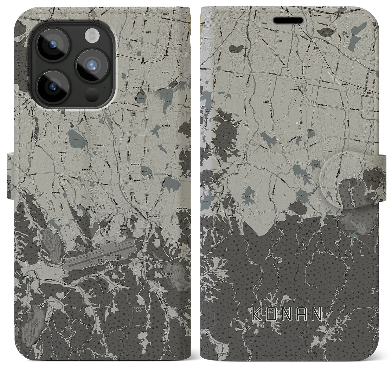 【香南(香川県)】地図柄iPhoneケース(手帳タイプ)モノトーン・iPhone 15 Pro Max 用