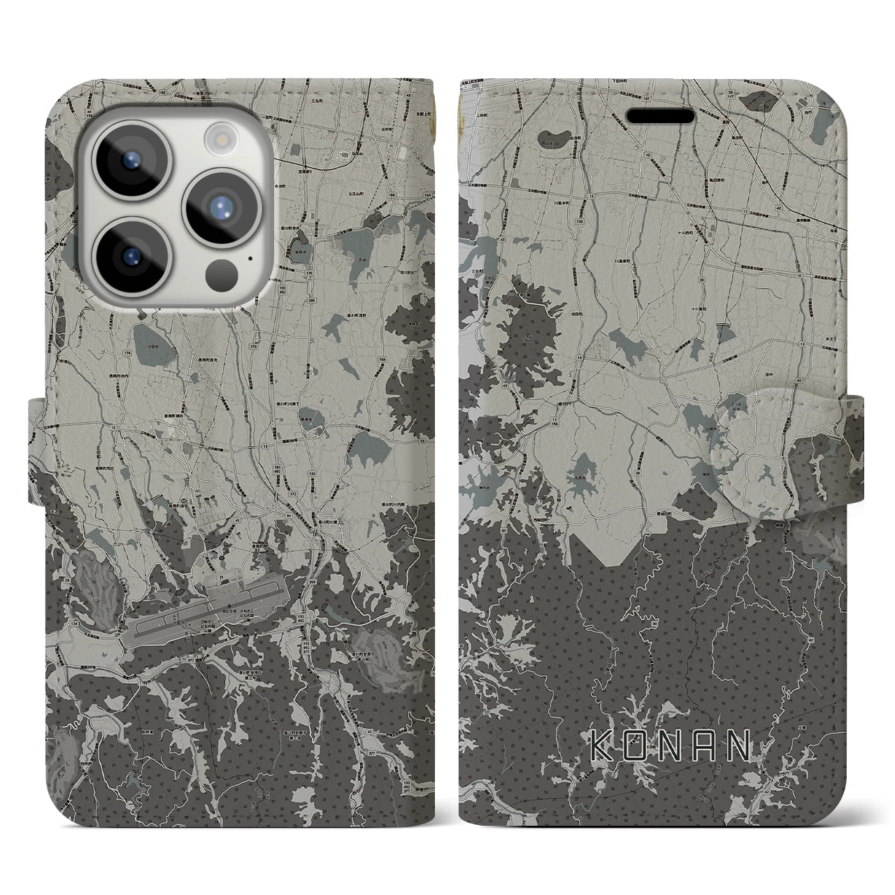 【香南(香川県)】地図柄iPhoneケース(手帳タイプ)モノトーン・iPhone 15 Pro 用
