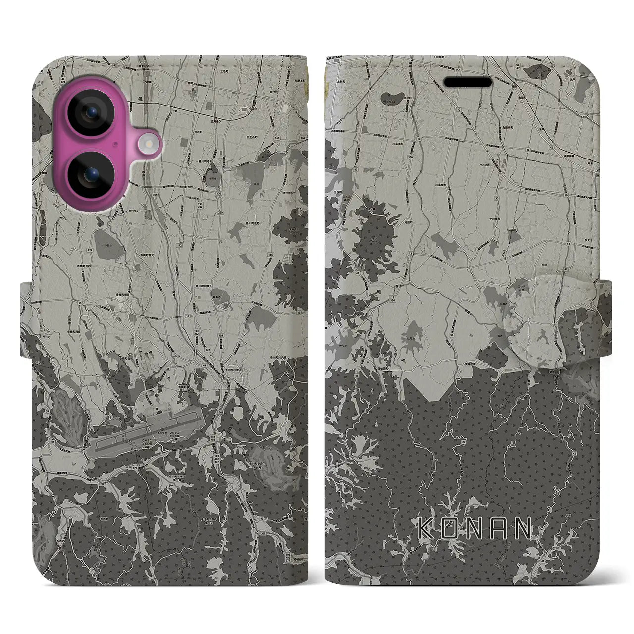 【香南(香川県)】地図柄iPhoneケース(手帳タイプ)モノトーン・iPhone 16 Pro 用