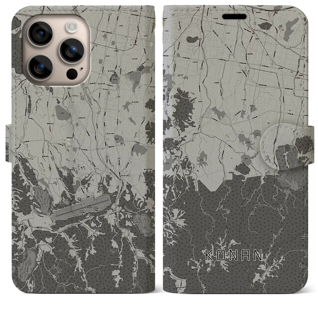【香南(香川県)】地図柄iPhoneケース(手帳タイプ)モノトーン・iPhone 16 Plus 用