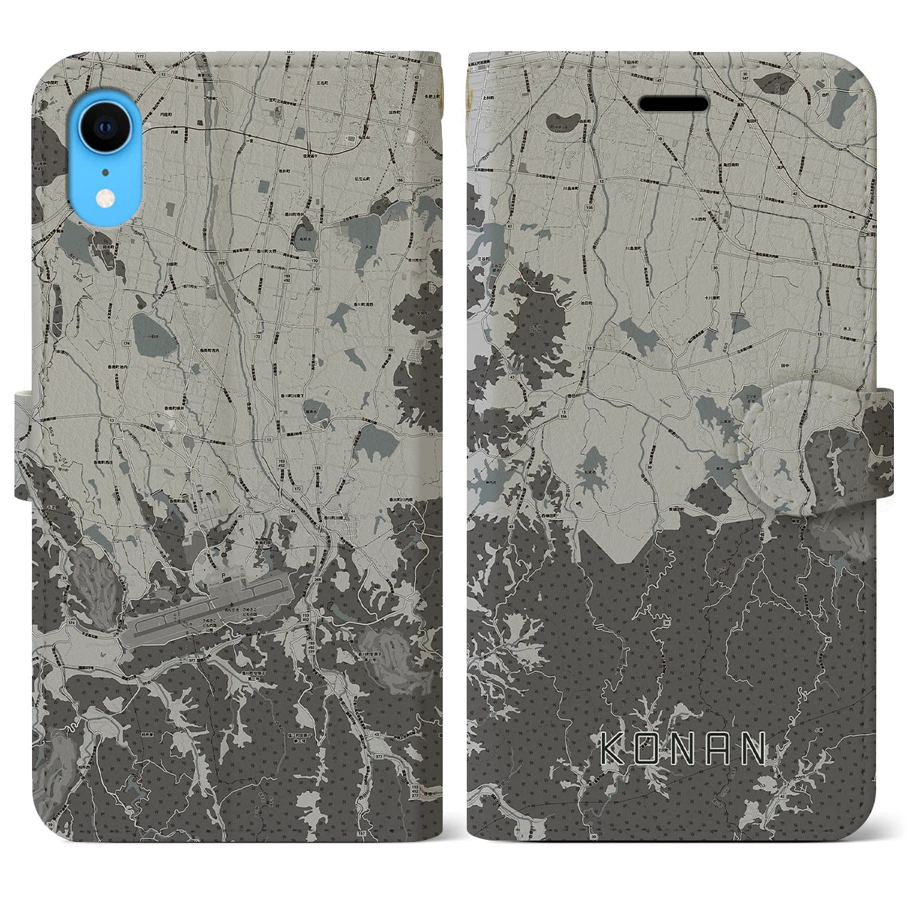 【香南(香川県)】地図柄iPhoneケース(手帳タイプ)モノトーン・iPhone XR 用