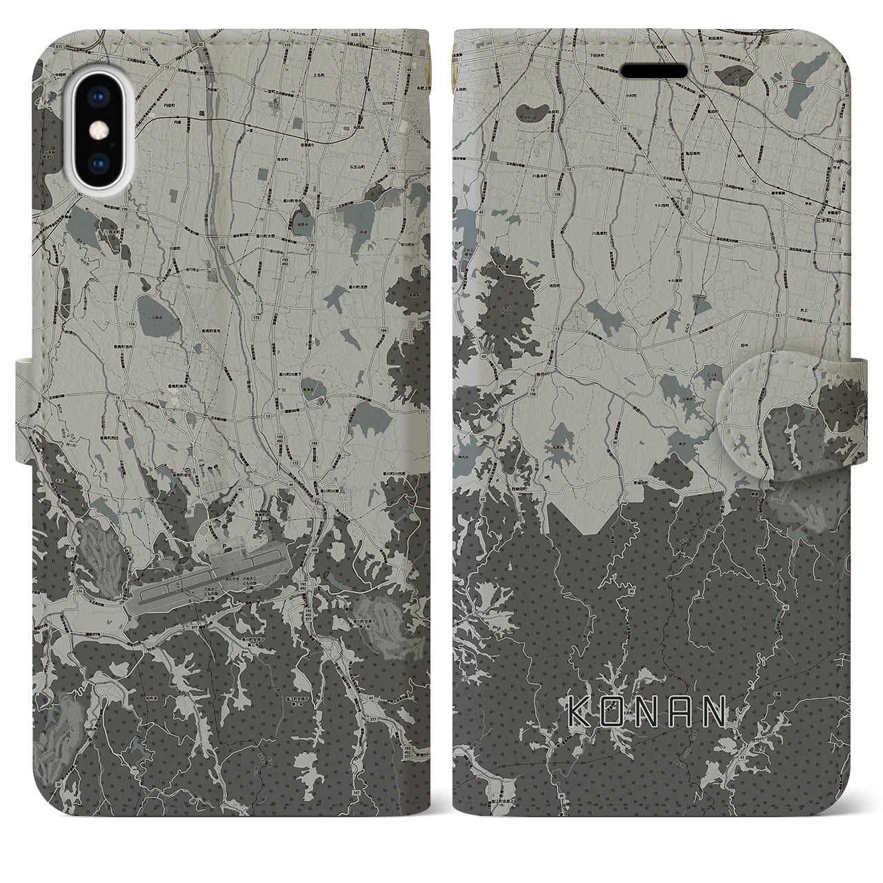 【香南(香川県)】地図柄iPhoneケース(手帳タイプ)モノトーン・iPhone XS Max 用