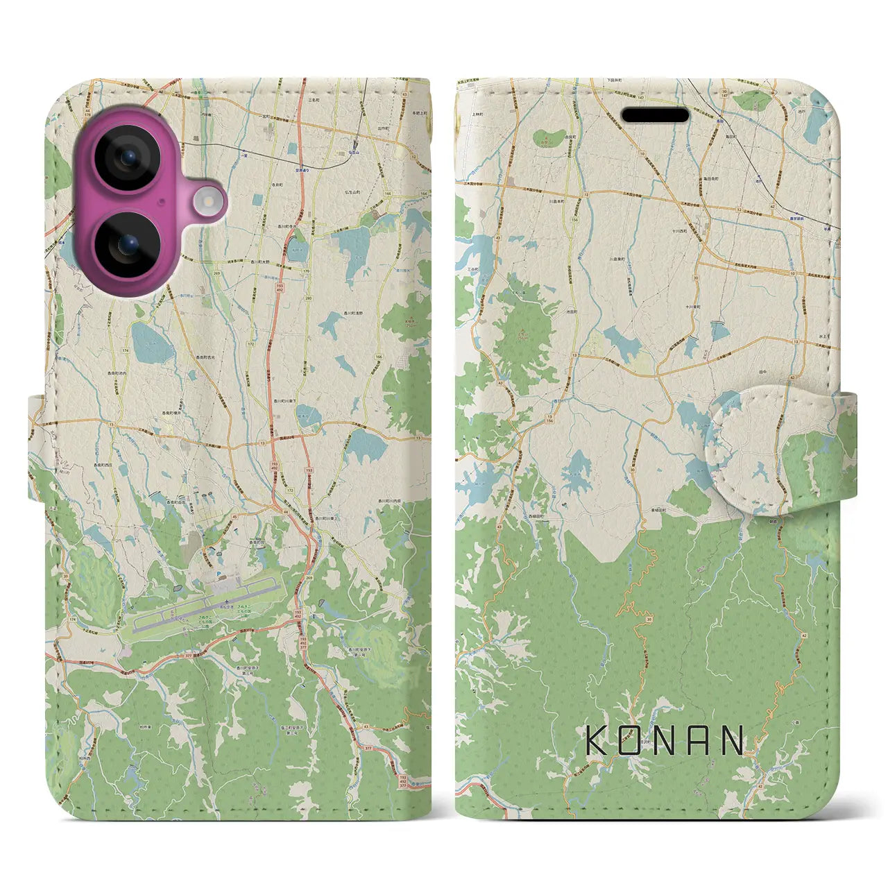 【香南(香川県)】地図柄iPhoneケース(手帳タイプ)ナチュラル・iPhone 16 Pro 用