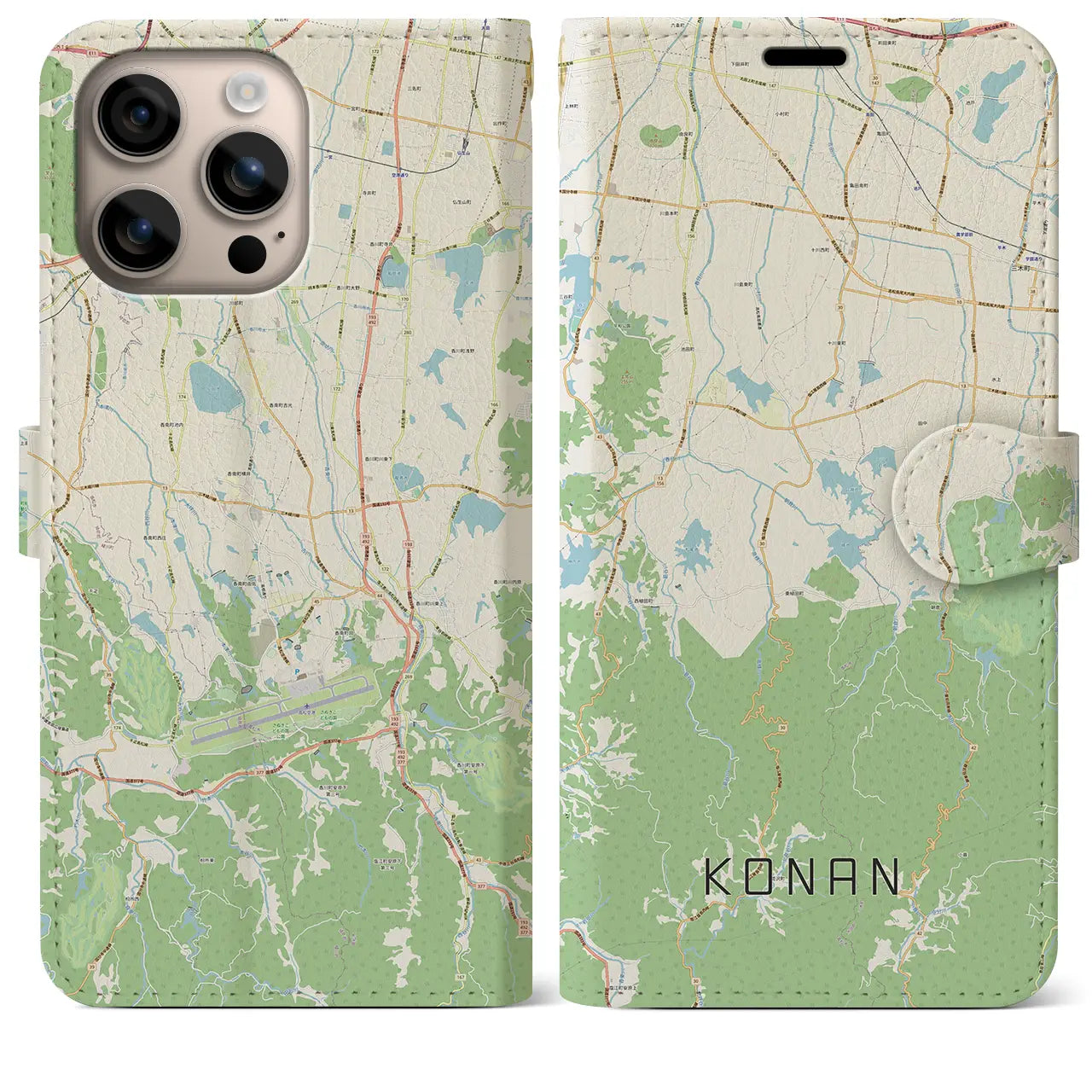 【香南(香川県)】地図柄iPhoneケース(手帳タイプ)ナチュラル・iPhone 16 Plus 用