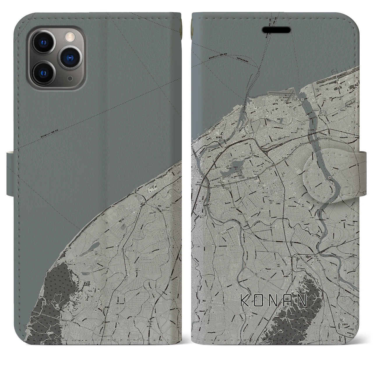 【江南(新潟県)】地図柄iPhoneケース(手帳タイプ)モノトーン・iPhone 11 Pro Max 用