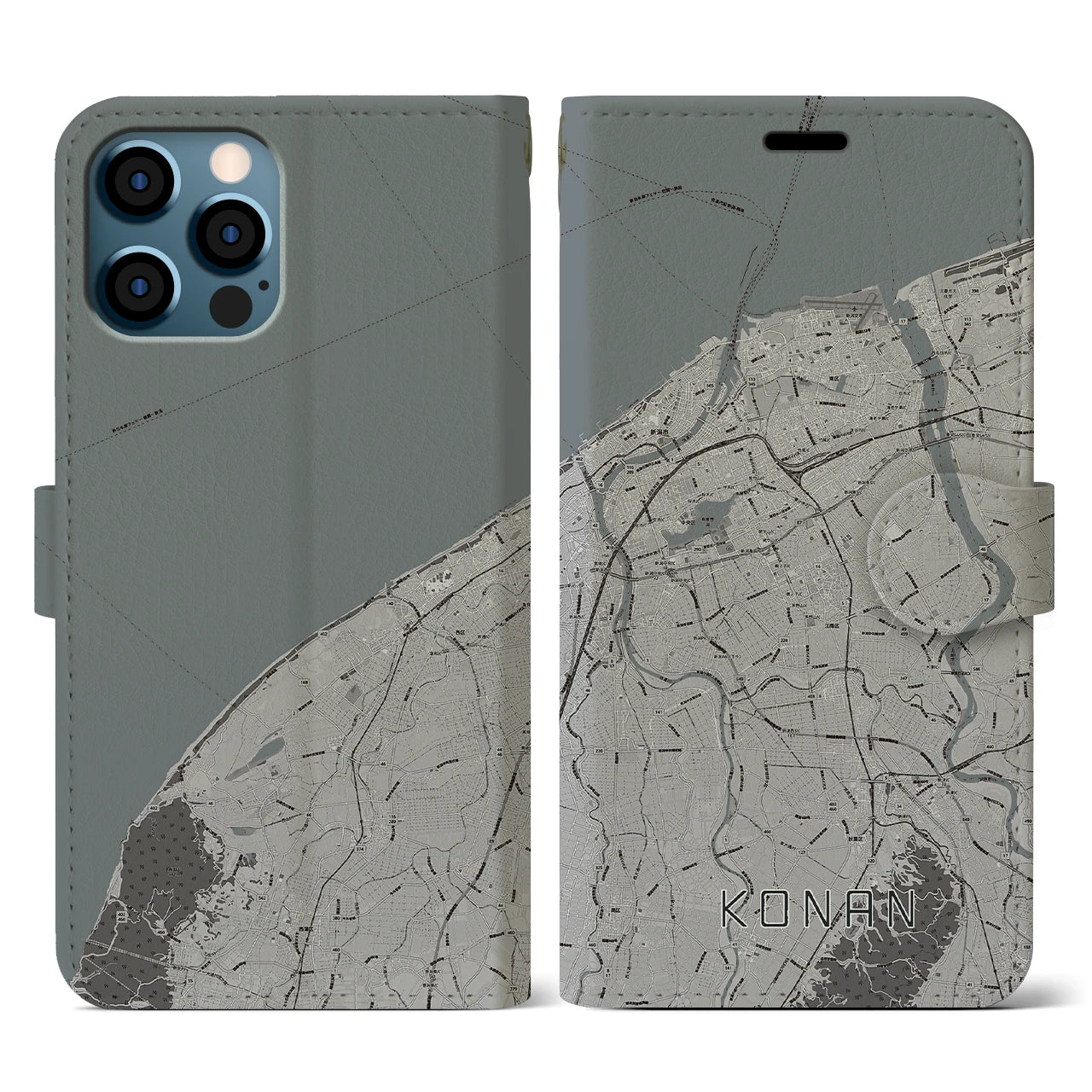 【江南(新潟県)】地図柄iPhoneケース(手帳タイプ)モノトーン・iPhone 12 / 12 Pro 用