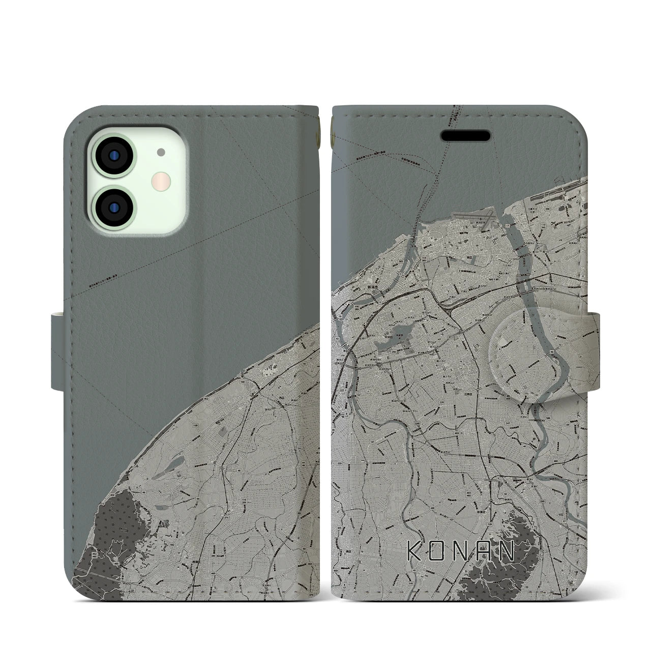 【江南(新潟県)】地図柄iPhoneケース(手帳タイプ)モノトーン・iPhone 12 mini 用