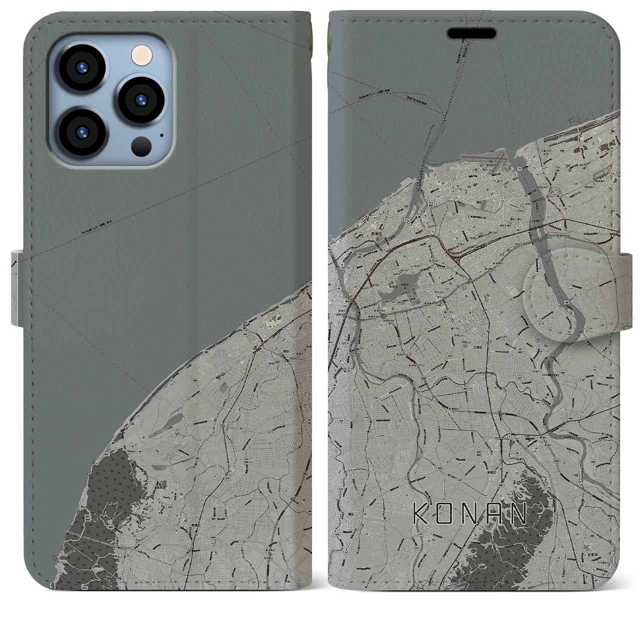 【江南(新潟県)】地図柄iPhoneケース(手帳タイプ)モノトーン・iPhone 13 Pro Max 用