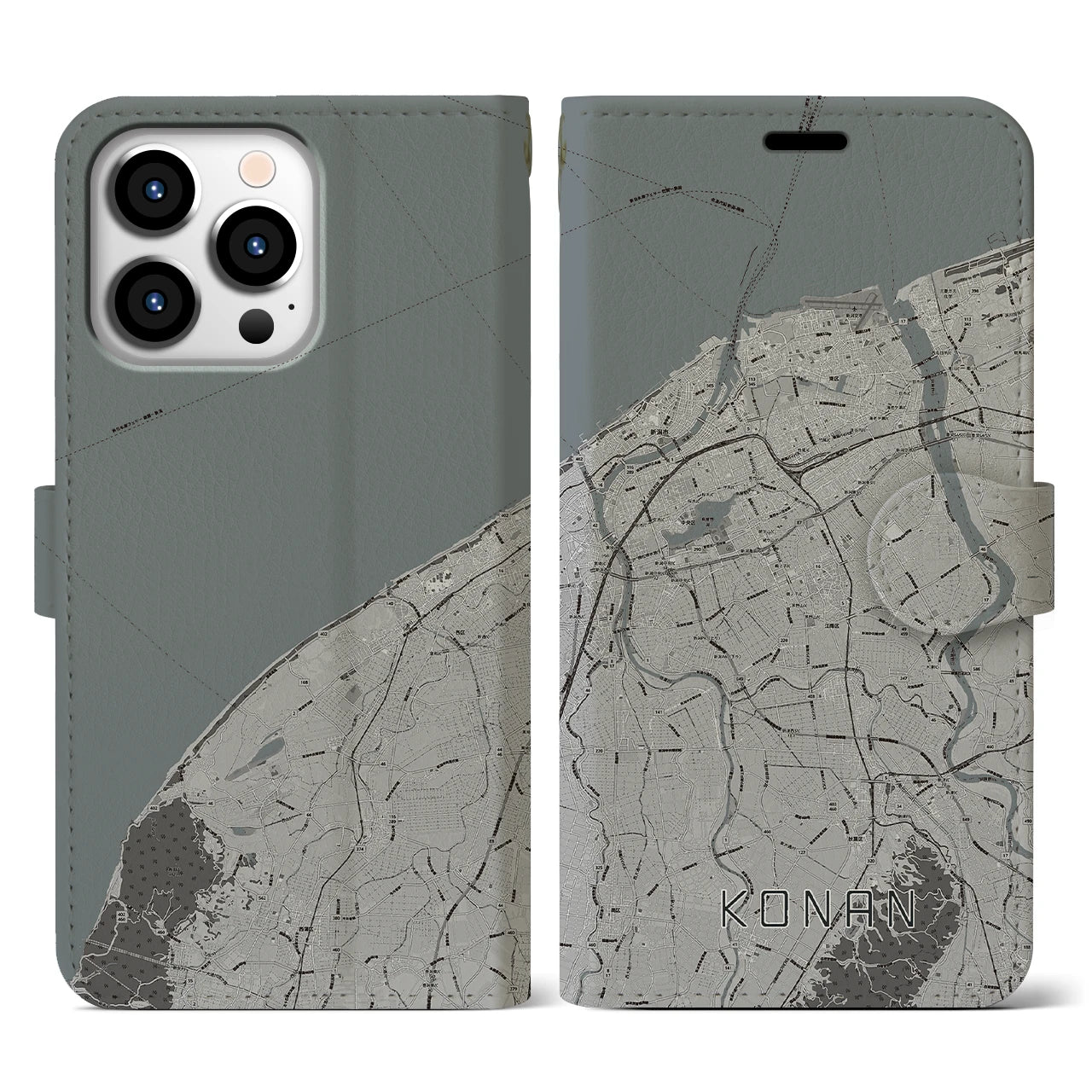 【江南(新潟県)】地図柄iPhoneケース(手帳タイプ)モノトーン・iPhone 13 Pro 用