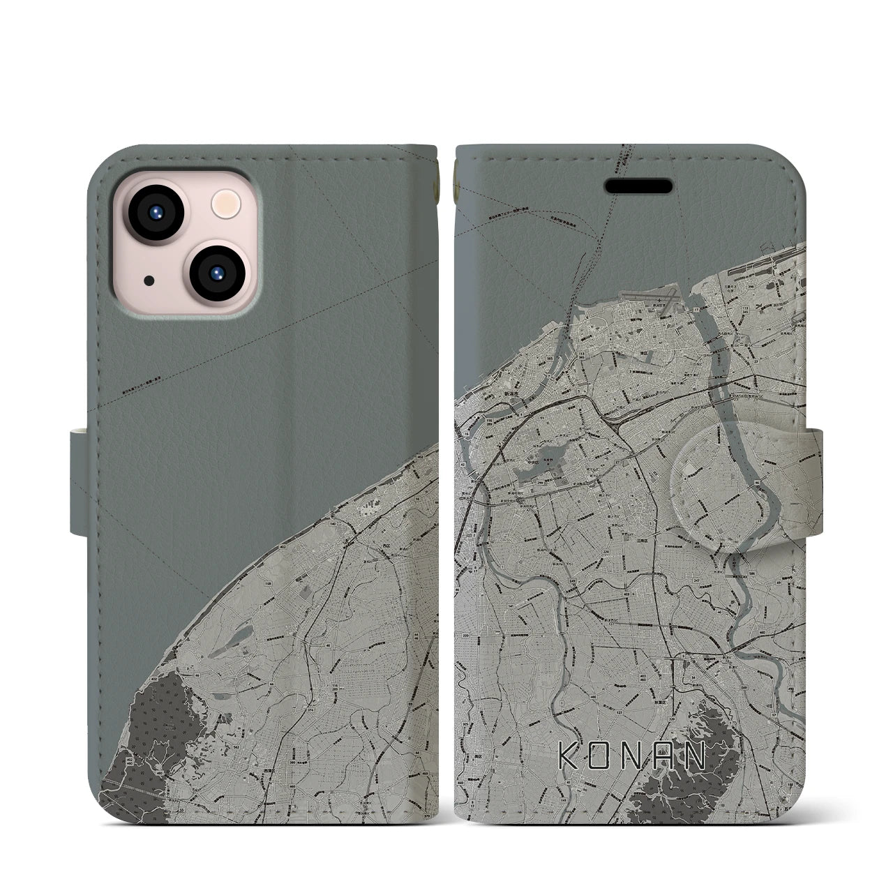【江南(新潟県)】地図柄iPhoneケース(手帳タイプ)モノトーン・iPhone 13 mini 用